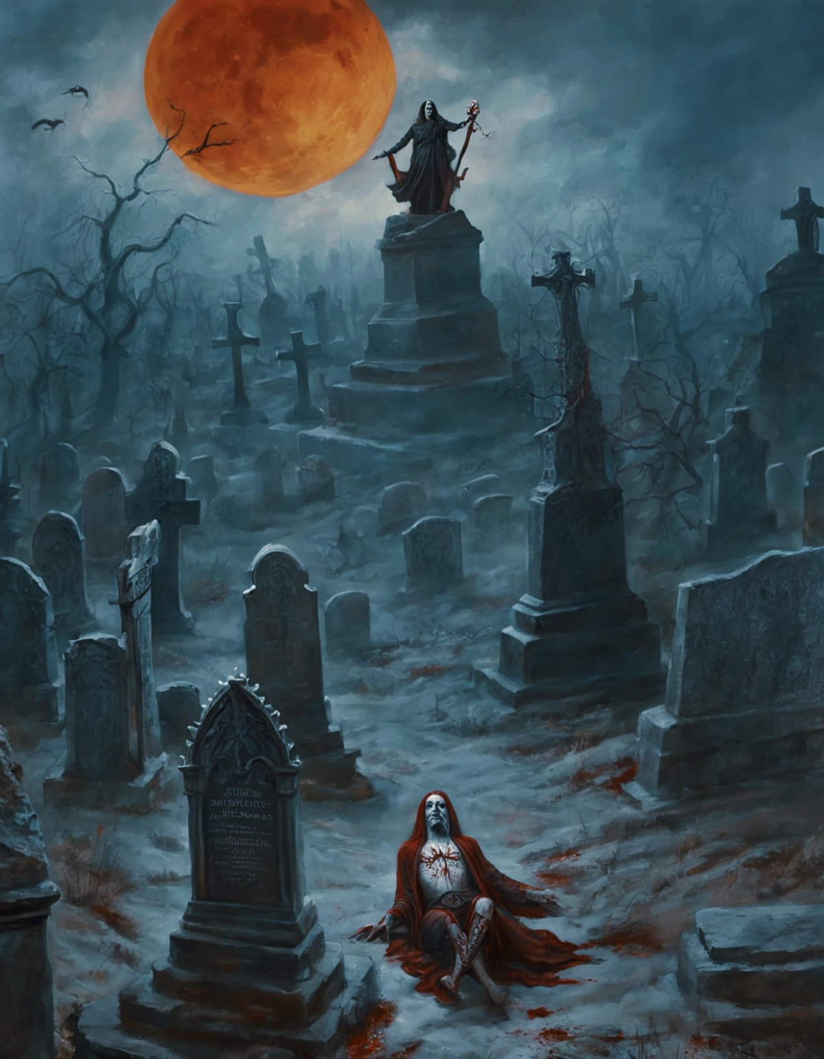 surreal painting featuring a vast, sprawling graveyard shrouded in twilight gloom. Each tombstone is a monument to a lost warrior, a tragic hero fallen in battle, ghostly apparitions rise from their graves, their spectral arms reaching out to the blood-red moon, the dry brush style accentuates the eerie stillness of the scene and the chilling sadness of these restless souls, dark, gothic, fantastical, symbolic, disturbing, intricate, highly detailed, moody lighting, complex textures, organic forms intertwined with mechanical elements