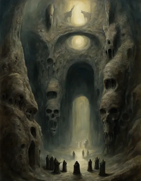 surreal painting in the style of 20th century masters like Beksinski, Escher, and Giger featuring "A vast cavern filled with gho...