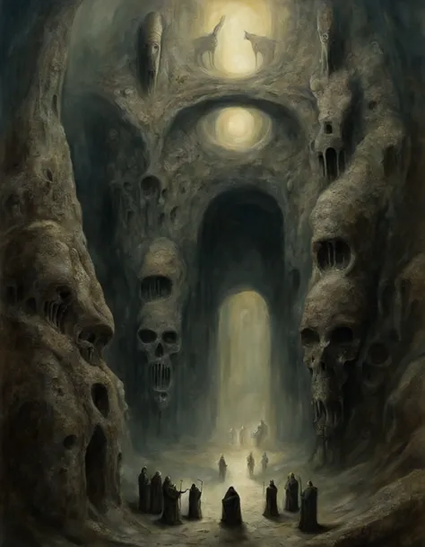 surreal painting in the style of 20th century masters like Beksinski, Escher, and Giger featuring "A vast cavern filled with ghostly, shadowy figures. These specters whisper secrets into the ears of ancient stone statues, their voices echoing in the eerie silence of the cavern. The dry brush technique brings out the ethereal quality of the figures and the mysterious, imposing nature of the statues.",<lora:marcxl:0.7>. Dark, gothic, fantastical, symbolic, disturbing, intricate, highly detailed, moody lighting, complex textures, organic forms intertwined with mechanical elements