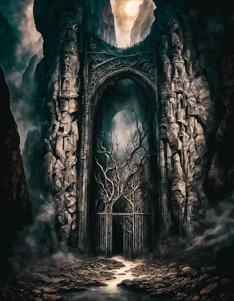 surreal painting featuring a massive, gothic gate looming ominously, seemingly carved directly into a sheer cliff face, ethereal...