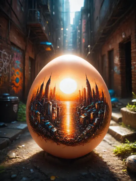 An egg part formed from glass filled with a rusty post-apocalyptic gritty urban back alley, surrounded by graffiti and damp mold...