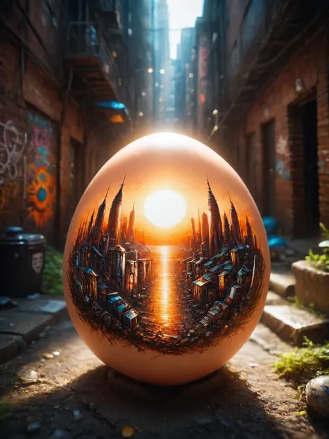 An egg part formed from glass filled with a rusty post-apocalyptic gritty urban back alley, surrounded by graffiti and damp mold covered brickwork, distant neon glow, complete with hyper-realistic details, intricate details, cinematic lighting, and menacing, foreboding, night, nighttime, dark, ominous dark hues contrast with the bright graffiti and distant neon glow, sharp focus, egg-art <lora:world_glass:0.8> <lora:egg-art:1>, dynamic, cinematic, masterpiece, intricate, hdr,