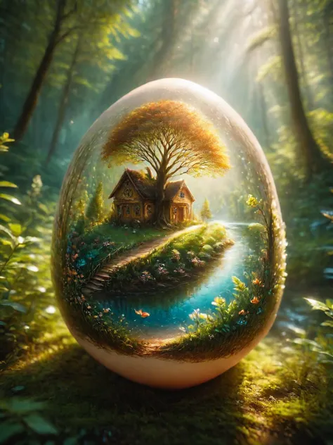 An egg part formed from glass filled with a (whimsical shack next to a river:1.5), surrounded by magical woodland and ethereal l...