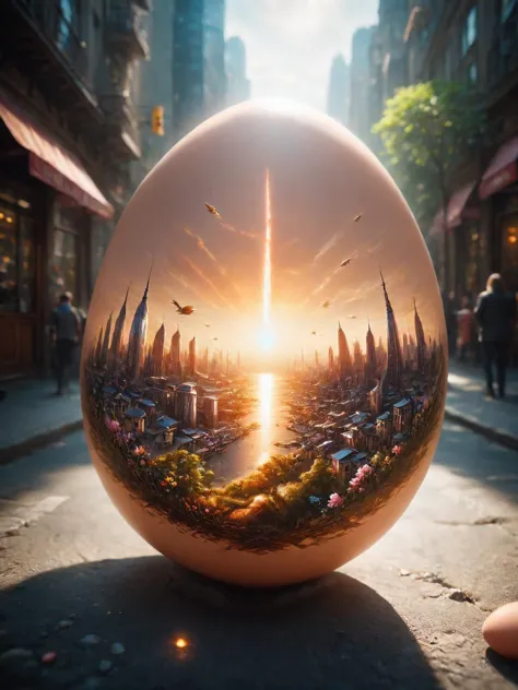 A giant egg part formed from glass filled with a unearthly beings, aliens and ufos. The egg having landed in the middle of the c...
