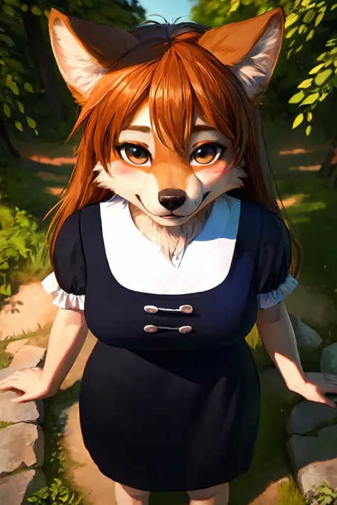 anthro wolf, fur trim, body fur, detailed fluffy fur, medium breasts, happy face, looking at viewer,
perfect hourglass body, (blush:1.2),
0v3ralldr3ss, shirt, dress, bow, short sleeves, puffy sleeves, black dress, puffy short sleeves, buttons, double-breas...