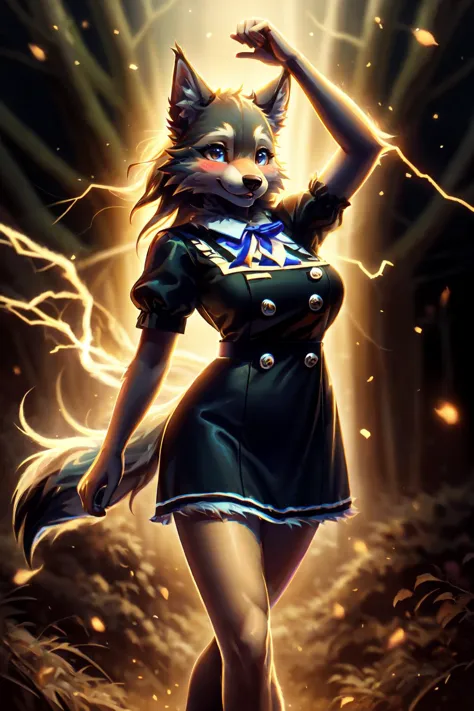 anthro wolf, fur trim, body fur, detailed fluffy fur, medium breasts, happy face, dancing,
perfect hourglass body, (blush:1.2),
0v3ralldr3ss, shirt, dress, bow, short sleeves, puffy sleeves, black dress, puffy short sleeves, buttons, double-breasted, pinaf...