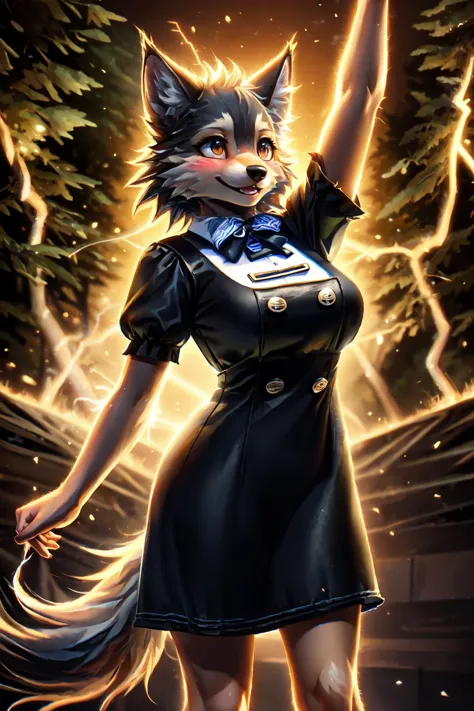 anthro wolf, fur trim, body fur, detailed fluffy fur, medium breasts, happy face, dancing,
perfect hourglass body, (blush:1.2),
0v3ralldr3ss, shirt, dress, bow, short sleeves, puffy sleeves, black dress, puffy short sleeves, buttons, double-breasted, pinaf...
