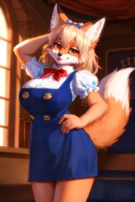 (anthro fox  :1.2), <lora:0v3ralldr3ss:1> 0v3ralldr3ss, red  shirt, blue  pinafore dress, bow,  puffy sleeves, buttons, double-breasted,
seductive pose,
(masterpiece:1.2), (best quality:1.2), (intricate:1.2), (highly detailed:1.2), (sharp:1.2), (8k:1.2),
c...