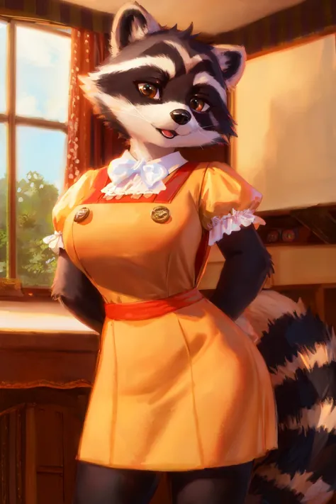 (anthro raccoon  :1.2), <lora:0v3ralldr3ss:1> 0v3ralldr3ss, yellow  shirt, red  pinafore dress, bow,  puffy sleeves, buttons, double-breasted,
seductive pose,
(masterpiece:1.2), (best quality:1.2), (intricate:1.2), (highly detailed:1.2), (sharp:1.2), (8k:1...
