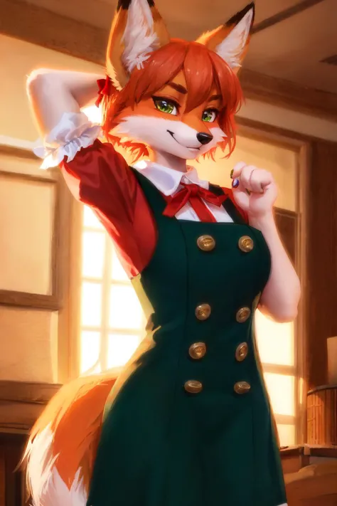 (anthro fox  :1.2), <lora:0v3ralldr3ss:1> 0v3ralldr3ss, red  shirt, green  pinafore dress, bow,  puffy sleeves, buttons, double-breasted,
seductive pose,
(masterpiece:1.2), (best quality:1.2), (intricate:1.2), (highly detailed:1.2), (sharp:1.2), (8k:1.2),
...