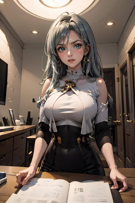 anime girl with long gray hair and a gray blouse sitting at a table