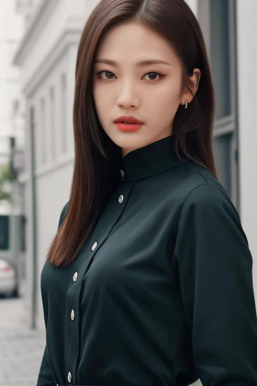 best quality, masterpiece, ultra high res, (photorealistic:1.4), ning1 a woman, light eye makeup, looking at the viewer, upper body photo, black longsleeves, at the streets, 