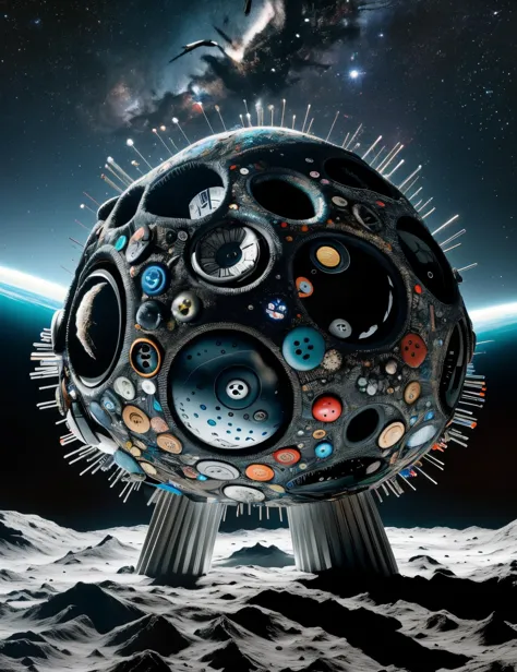 a large sphere with many different objects on it in the space