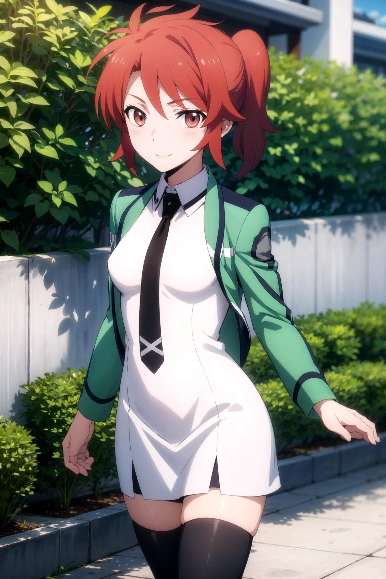 Anime girl in short dress walking down sidewalk with green jacket ...