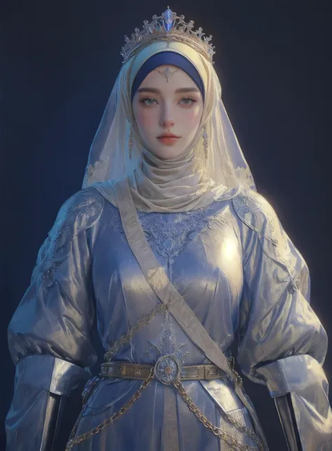 gorgeous elegant woman, knight, pale skin, black hair, (hijab, headscarf:0.9), tiara crown, royal body armor, chainmail, daydrea...
