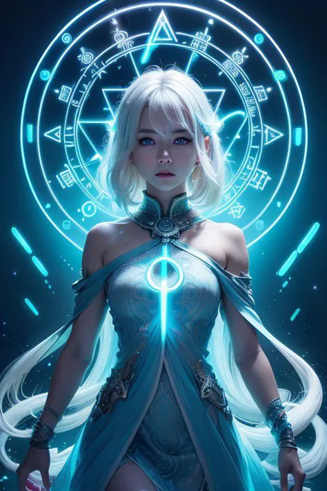 ((upper body)), best quality, masterpiece, a Japanese woman with ((Luminescence white hair)), ((detailed pearl blue eye)), high detailed goddess soul, focus on character, solo, (style swirl magic), solo, from front, front view, looking at viewer, detailed face, ((Luminescence Lighting Magic Circle theme)), perched on a ledge, tight neon body, light streaks, dark abyssal wanderer abstract, ((Simple Luminescence Neon Gown)), inscribed with mystical runes, outdoor dystopian background,