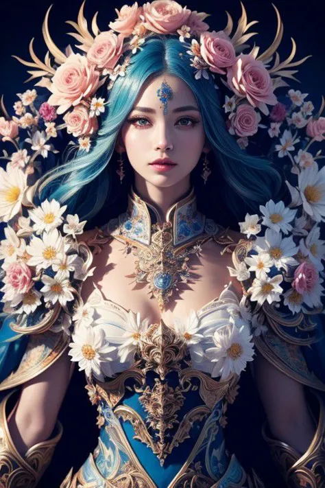 a stunning art, abstract, flowery, predominantly blue, white, upper body, centered, key visual, intricate, highly detailed, brea...