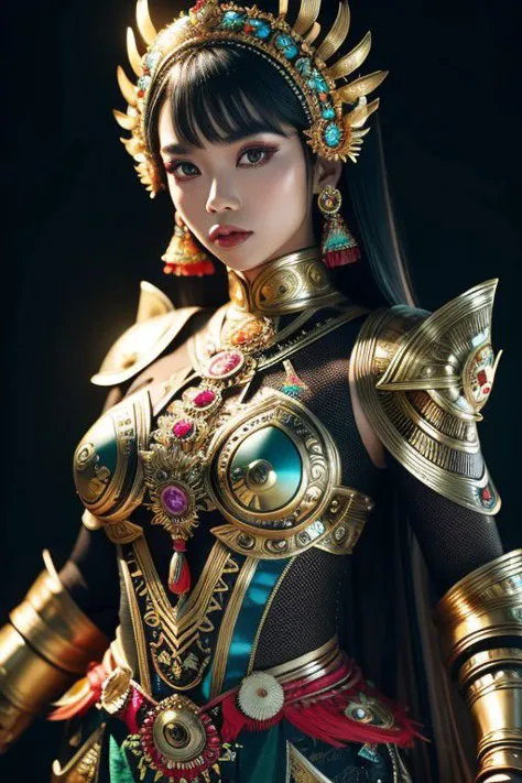 Un traje futurista de estilo indonesio usado por una niña que representa la fusión cultural y la moda moderna.. El traje está adornado con patrones intrincados y colores vibrantes., mostrando el rico patrimonio de Indonesia. La niña se encuentra con confianza en una pose dinámica., con sus ojos detallados que reflejan determinación y curiosidad.. El material del traje es una combinación de textiles tradicionales y tejidos sintéticos futuristas., dándole una apariencia única y vanguardista. La calidad general de la imagen es del más alto nivel., con enfoque nítido y renderizado ultradetallado. La obra de arte emplea técnicas de renderizado de base física., dando como resultado iluminación y sombras realistas. Los colores son vivos y vibrantes., Capturando la esencia de la estética cultural indonesia.. El fondo presenta una fusión de arquitectura moderna y elementos tradicionales., creando una mezcla armoniosa del pasado y el futuro. El mensaje explora la intersección de la cultura indonesia., diseño futurista, y la representación artística de una chica segura de sí misma..