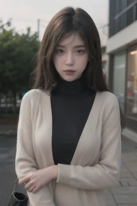 a woman standing on a sidewalk in a black top and beige cardigan