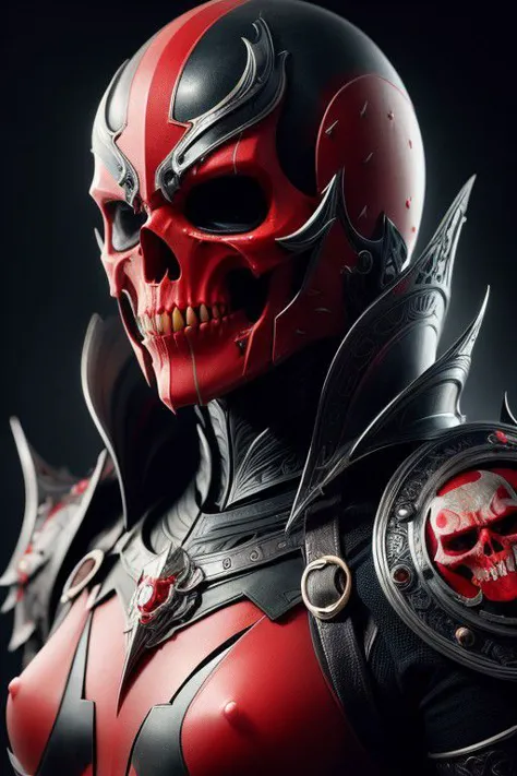 a close up of a red and black skull with a helmet on