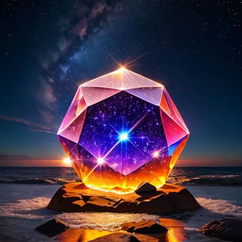 huge multifaceted crystal stands on a rock and shines from the reflected sunset sun,starry shines inside the crystal,ocean,starr...