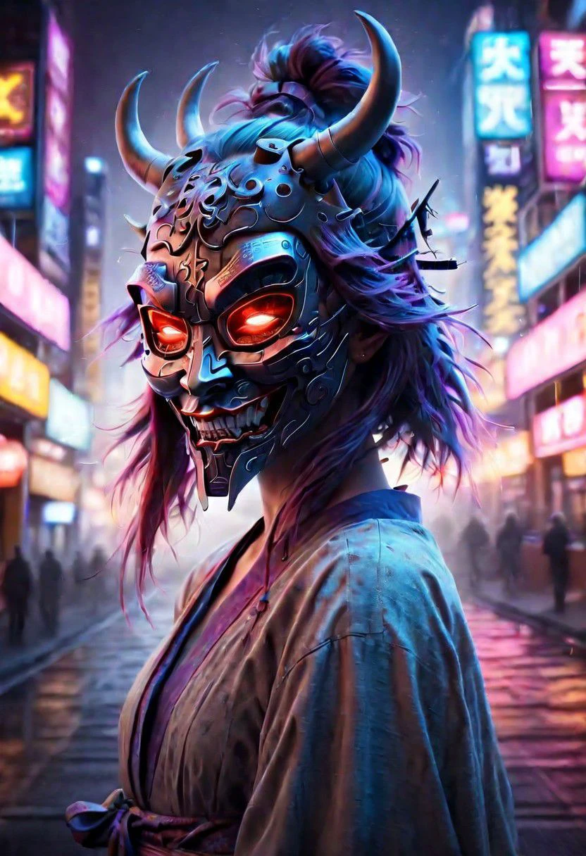 (Samurai_demon_mask_Ghost:2.0)"Visualize a professional, high-resolution, mid-body portrait that brings to life the nuanced realism of a young woman with Android characteristics, amidst the distinct ambiance of a Cyberpunk city. This photograph, captured with an advanced digital SLR camera, is renowned for its exceptional detail resolution and depth of field capabilities. Special attention is given to the woman's skin and eyes, aiming for an unparalleled level of realism that highlights the texture of her skin and the depth of her eyes, making them the focal points of the composition. The wide aperture setting ensures the subject is crisply in focus, with the city's neon-infused backdrop beautifully blurred, providing a contrast that accentuates the subject's features. The selection of the scene demands creativity and diversity, moving away from clichd representations to capture unique moments within the cyberpunk setting that are rich in detail and emotion. Advanced lighting techniques are employed to illuminate the skin and eyes vividly, showcasing the interplay of light and shadow that defines the contours and expressions. The aim is to create a portfolio of images that explore a variety of scenarios, expressions, and compositions, each telling its own story of the symbiosis between human and technology in a future world."8k,35mm, ais-crsd