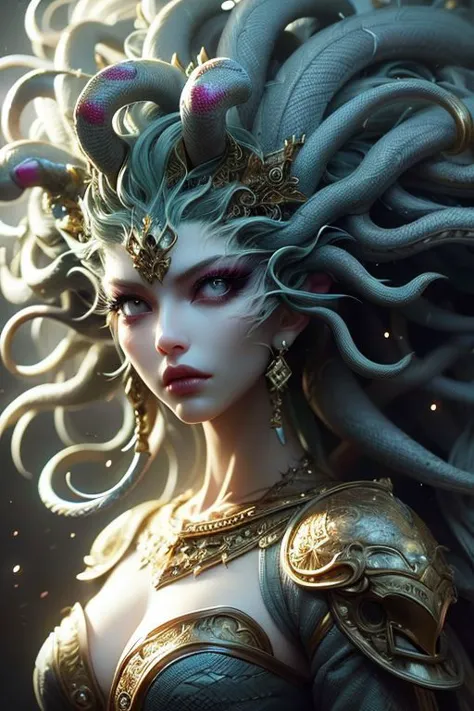 (high quality), (masterpiece), (detailed), 8K, Hyper-realistic depiction of a Japanese female character in a futuristic setting embodying the essence of Medusa, blending elements of myth and technology with captivating realism. Trending on DeviantArt.