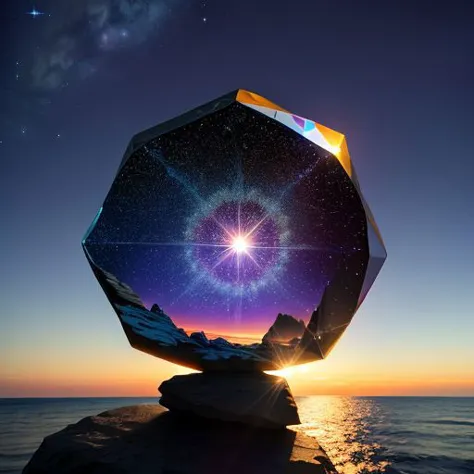 huge multifaceted crystal stands on a rock and shines from the reflected sunset sun,starry shines inside the crystal,ocean,starry_sky,star_trail,full_moon,cirrocumulus_floccus,in the ocean,
high quality, highres, absurdres,