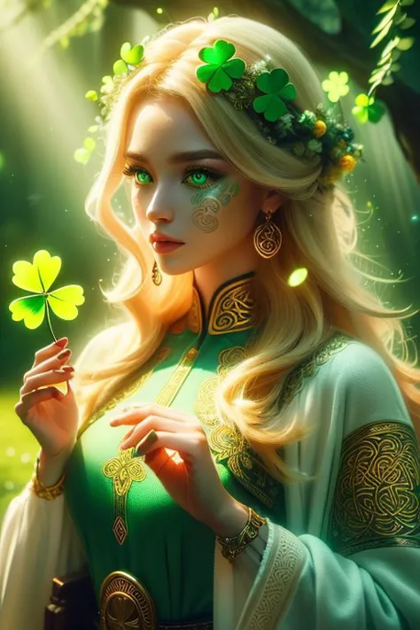 a woman in a green dress holding a shamrock leaf