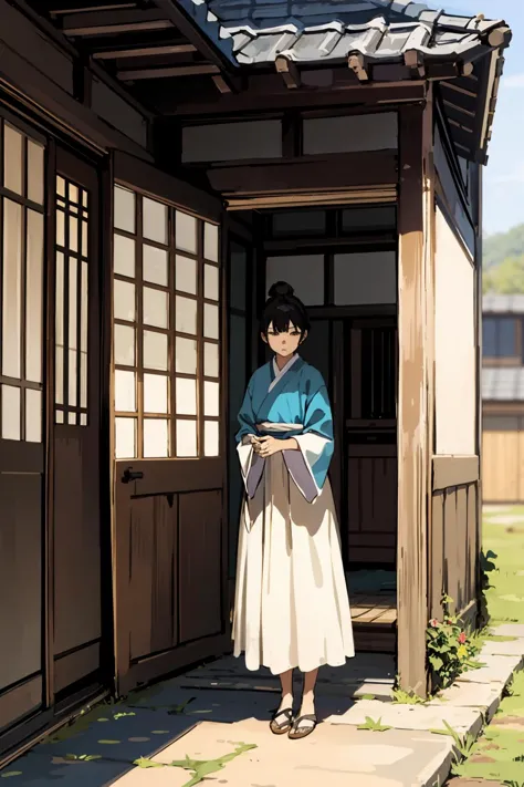 anime woman in traditional dress standing outside a house with a book