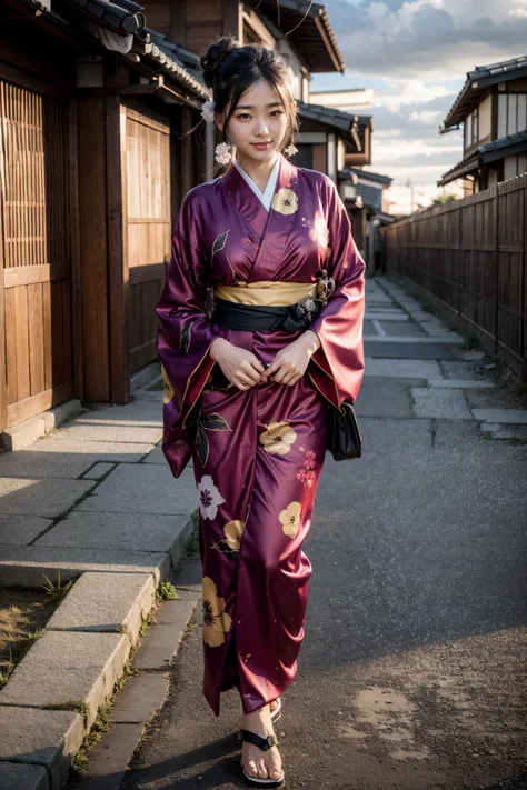 arafed woman in a kimono walking down a street