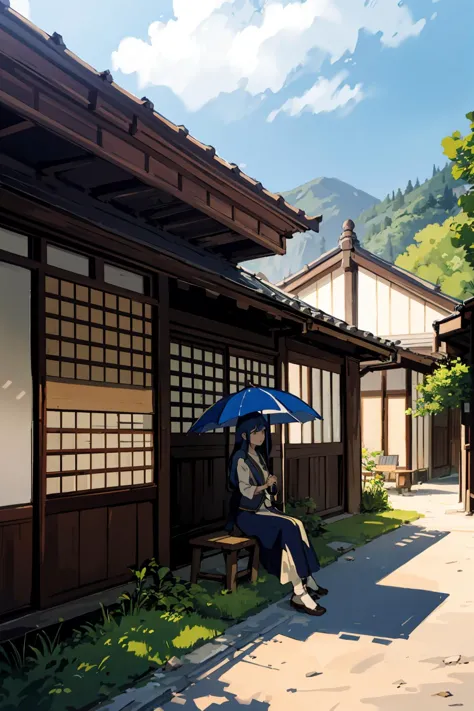 anime scene of a woman sitting on a bench under an umbrella