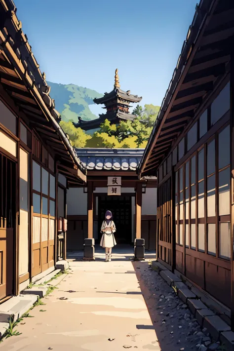 there is a woman walking down a narrow alley with a pagoda in the background