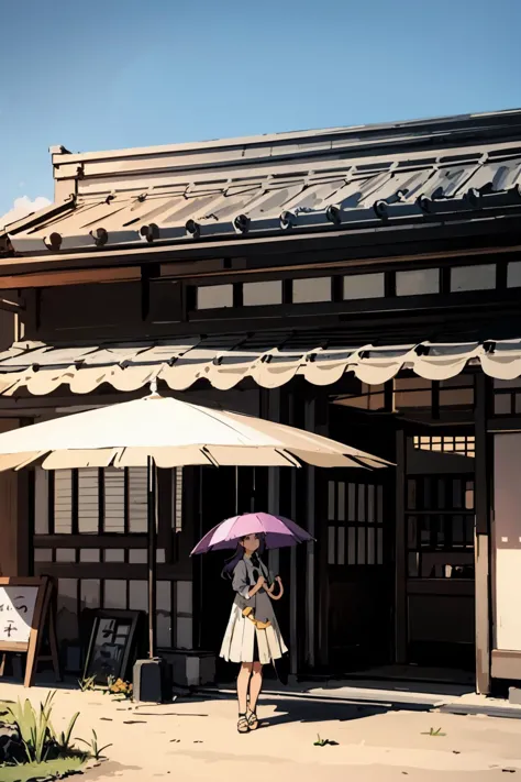 there is a woman standing outside of a building with an umbrella