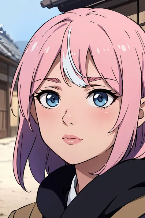 anime girl with pink hair and blue eyes looking at camera