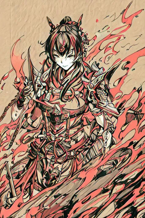 a drawing of a woman with a sword and a fire