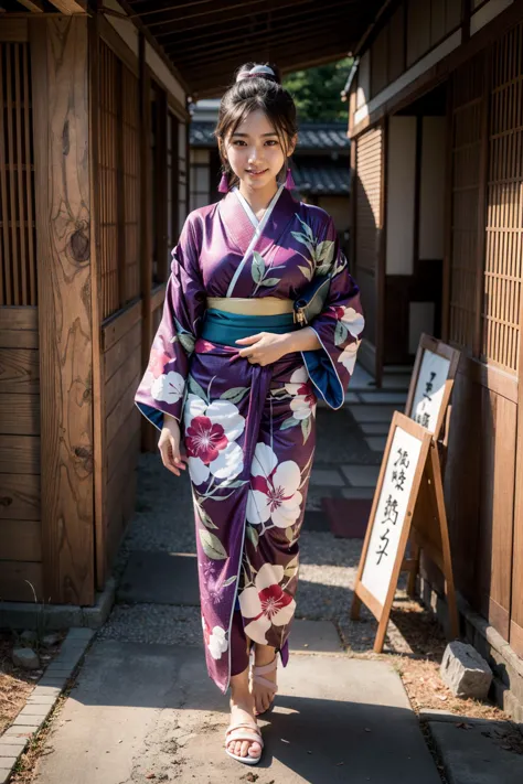 a woman in a kimono walking down a narrow alley