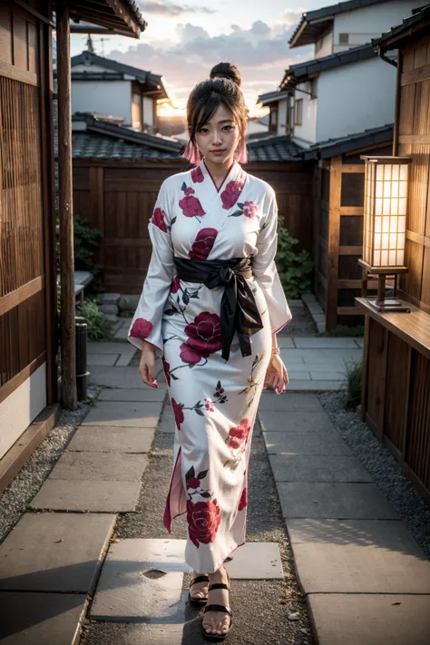 arafed woman in a kimono walking down a path in a japanese village