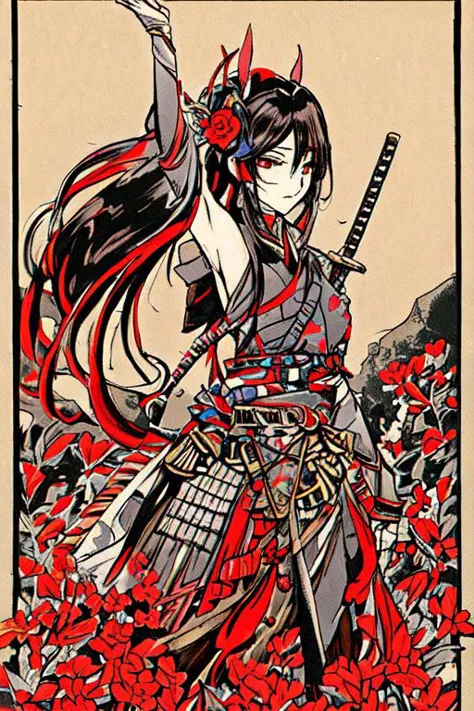 hitozato "A dynamic Japanese woodblock print of a fierce female warrior (onna-bugeisha) standing confidently in a mountainous la...