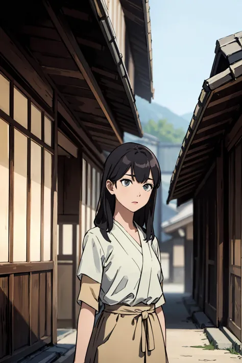 anime girl in a kimono outfit standing in an alley