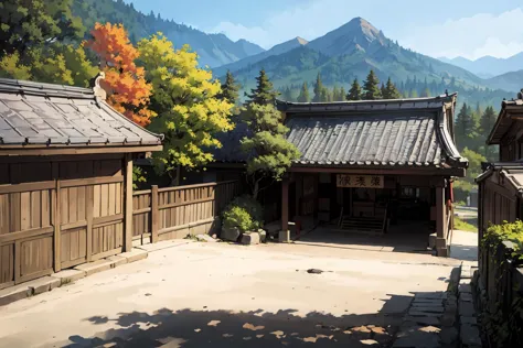 masterpiece,high quality,highres,<lora:hitozato-wasabiya:1>,hitozato,outdoors,landscape,wall,temple gate,temple,no human,from ab...