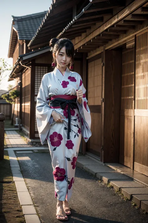 araffe woman in a kimono walking down a street in a japanese village