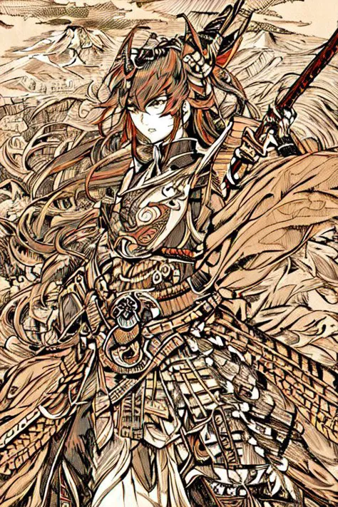 anime girl with a sword and armor in a field of flowers