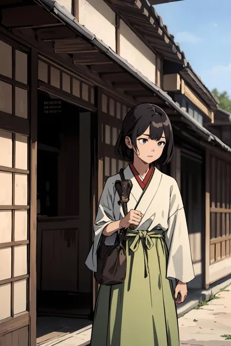 anime character in traditional dress standing in front of a building