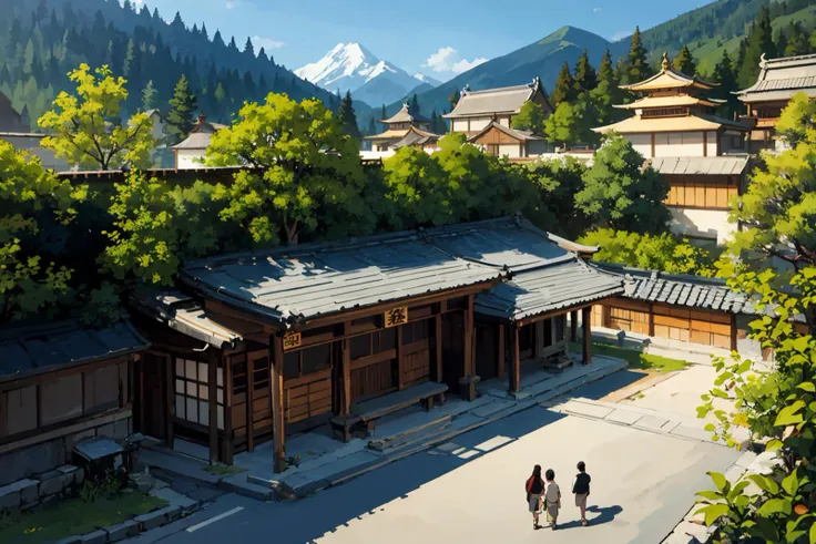 masterpiece,high quality,highres,<lora:hitozato-wasabiya:1>,hitozato,outdoors,landscape,wall,temple gate,temple,no human,from ab...