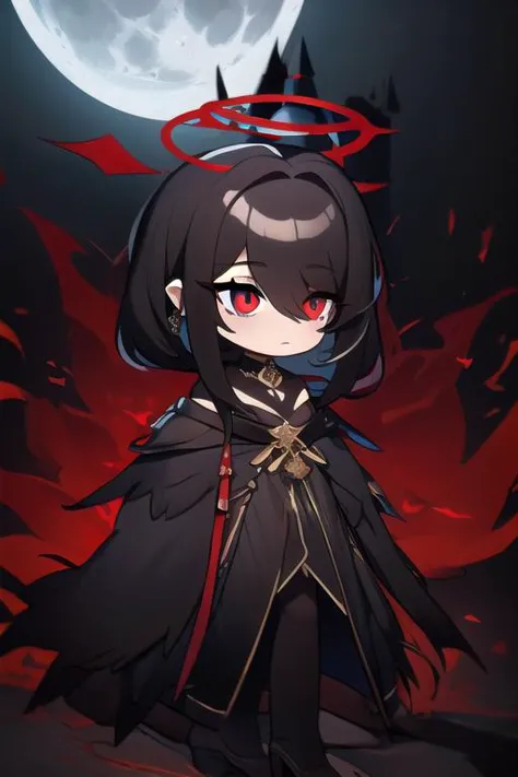 a girl in a black dress with red eyes and a crown on her head