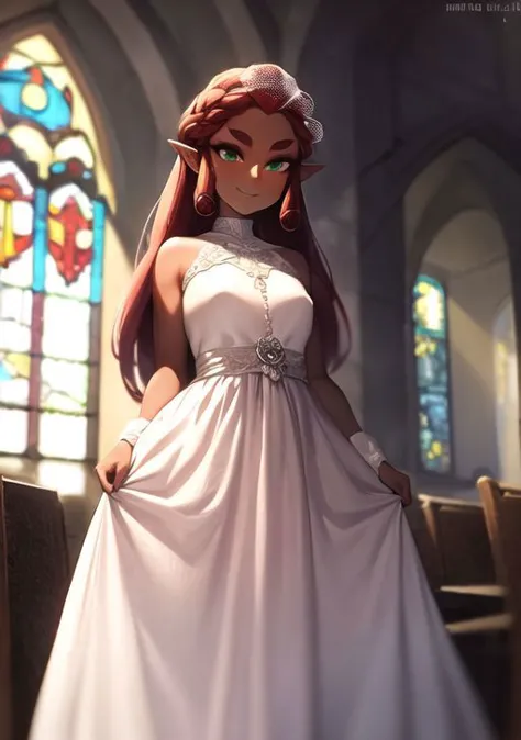 masterpiece,1girl, <lora:riju_zelda-10:0.8> riju_zelda, dark skin,red hair,standing, wedding dress, jewelry, (white dress),smili...