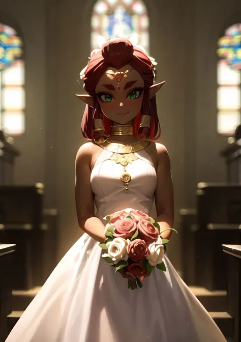 masterpiece,1girl,<lora:riju_zelda_v2-12:0.8> riju_zelda, dark skin,red hair,standing, wedding dress, jewelry, (white dress),smi...