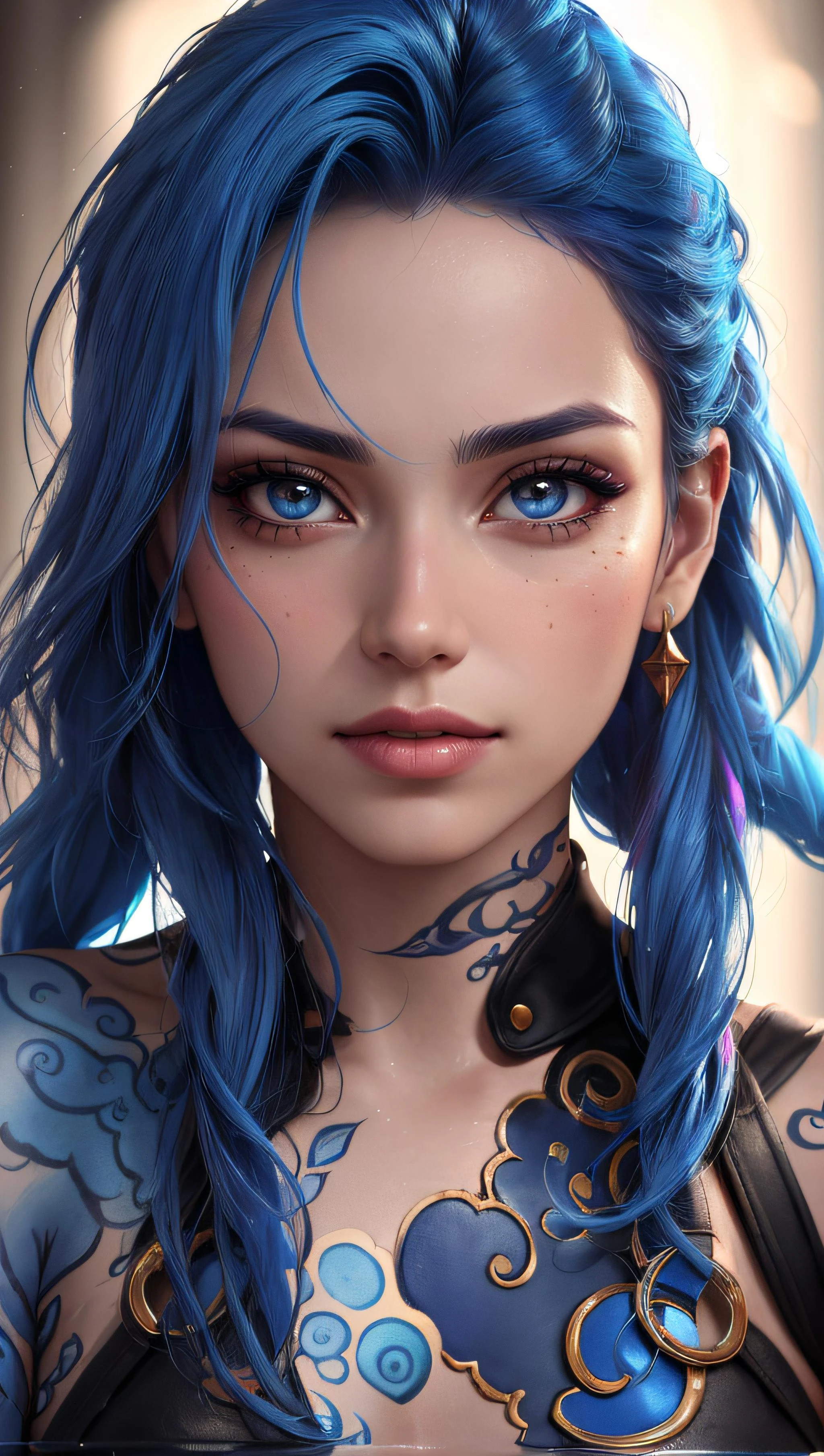 (best quality, masterpiece, colorful, dynamic angle, highest detailed)(Jinx, Legue of Legends, Arcane) upper body professional photo, award winning fashion photography of sexy, intense blue long hair, Jinx  Legue of Legends, Arcane, flirting, bokeh, (intricate details, hyperdetailed:1.15), detailed, sunlight passing through hair (official art, colorful art background, extreme detailed, highest detailed, natural skin texture, hyperrealism, soft light, sharp, perfect face),
