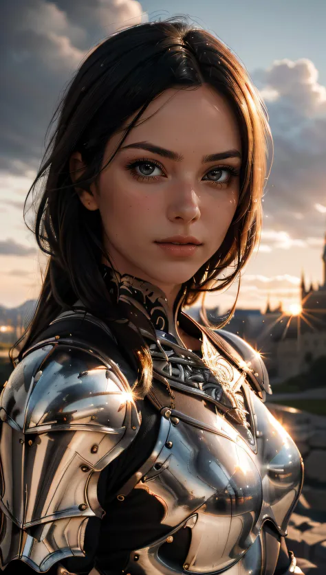 Portrait of a girl, the most beautiful in the world, (medieval gold armor), metal reflections, upper body, outdoors, intense sunlight, far away castle, professional photograph of a stunning woman detailed, perfect bobbed sexy intense black hair, sharp focu...
